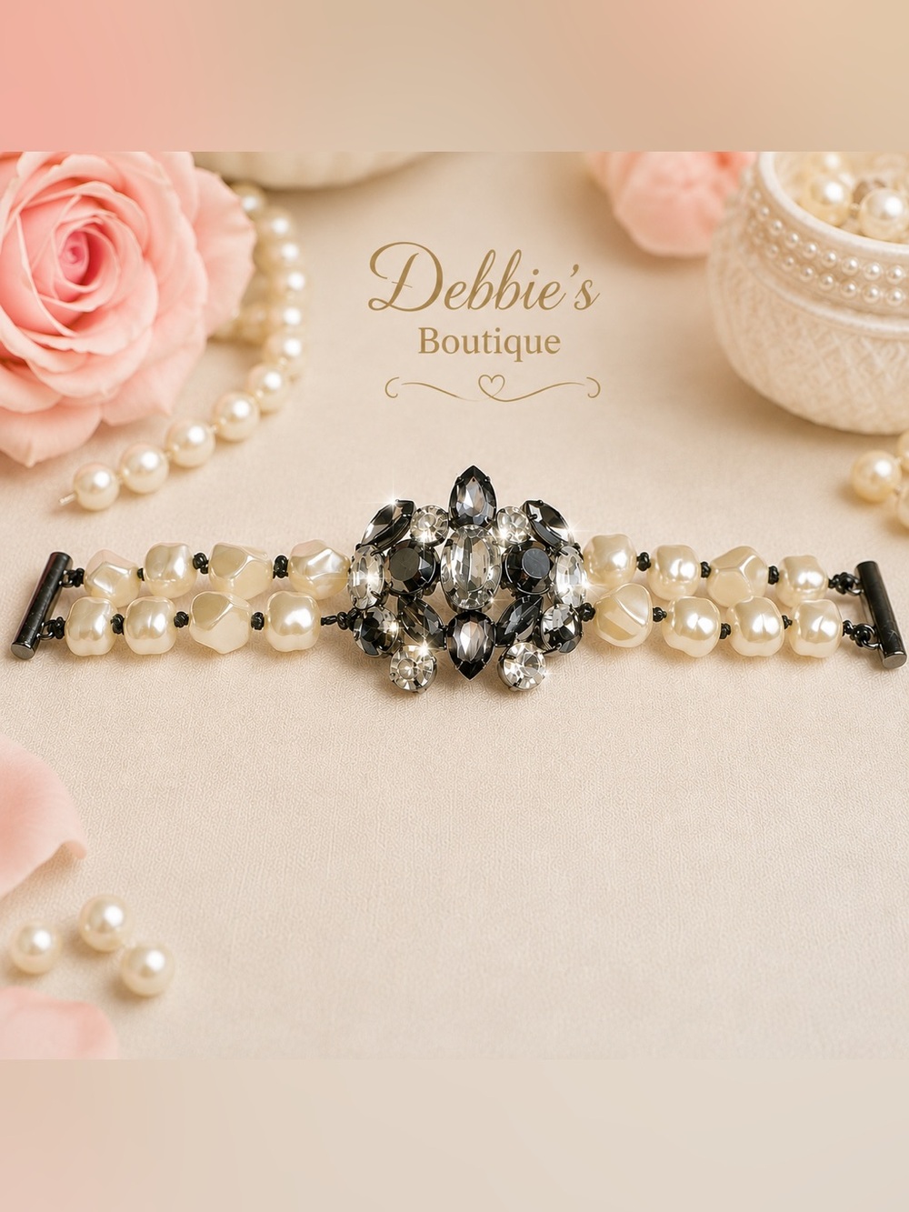 NWT Chico’s Pearl & Smoky Crystal Statement Bracelet Magnetic 8”
